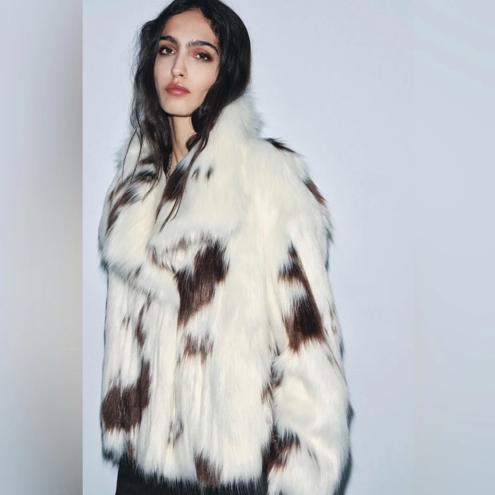 NWT Zara Bloggers Fav Cow Print ZW COLLECTION FAUX FUR JACKET LIMITED EDITION S - Picture 4 of 12